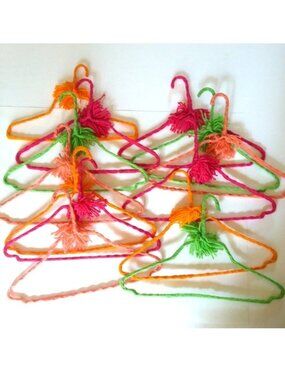 13 VTG 70s Crocheted Hangers Pom Poms Handmade Metal Boho Retro Granny Knit
